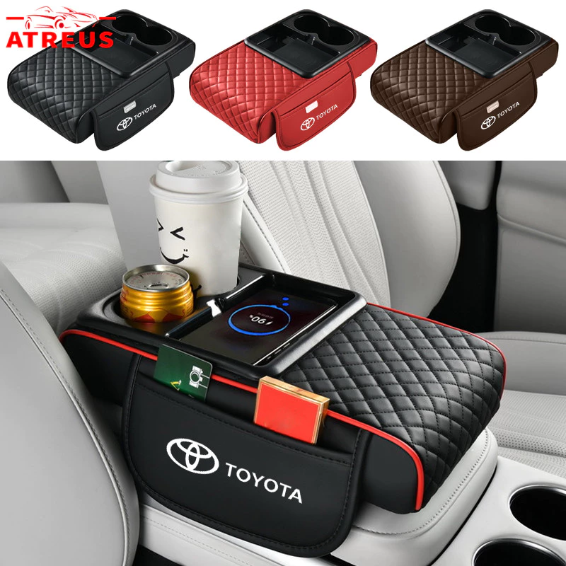 Toyota 6in1 คอนโซลกลางเบาะที่เท้าแขน ที่เก็บของข้างยนต์ด้วยการชาร์จแบบไร้สาย ที่เท้าแขนรถกล่องเก็บคอนโซลกลางรถ สำหรับ Toyota Fortuner Camry Hilux Revo Yaris ATIV Yaris Cross Veloz Prius Innova Hiace