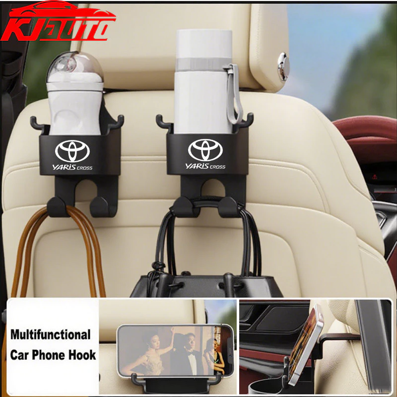 1/2pcs Toyota Yaris Cross Car Seat Headrest Hook Hanger Storage Organizer Universal พร้อมที่วางแก้วสําหรับกระเป๋าถือสําหรับ Yaris Cross AC200 2022 2023 2024 GS HEV อุปกรณ์ตกแต่งภายใน