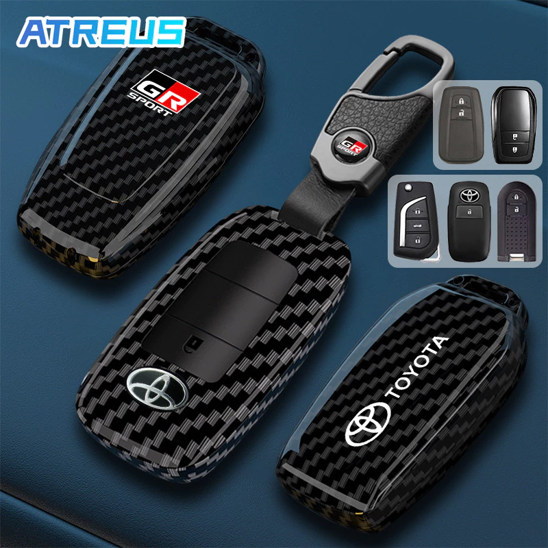 เคสกุญแจ Toyota คาร์บอนไฟเบอร์ เคสกุญแจรีโมทรถยนต์ พวงกุญแจรถ เคสกุญแจรถยนต์ ตัวป้องกันกุญแจ ซองใส่กุญแจรถ สำหรับ Toyota Fortuner Camry Hilux Yaris Corolla Cross Altis CHR Wish Revo Yaris ATIV Yaris Cross Veloz Prius Innova Hiace bZ4X Vios Sienta Avanza