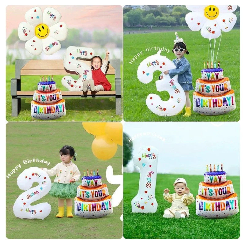 (ส่งเร็ว ส่งไทย)ลูกโป่งฟอยล์ตัวเลขสีขาว เลข32นิ้ว เลขวันเกิด ดอกเดซี่ เค้กวันเกิด — ของมงคลหมวดเลขมงคล