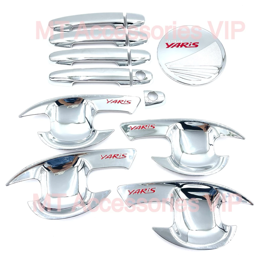yaris ยาริสปี2014-2016 เบ้ากันรอย ครอบมือจับ ครอบฝาถัง สีโครเมี่ยมโลโก้แดง