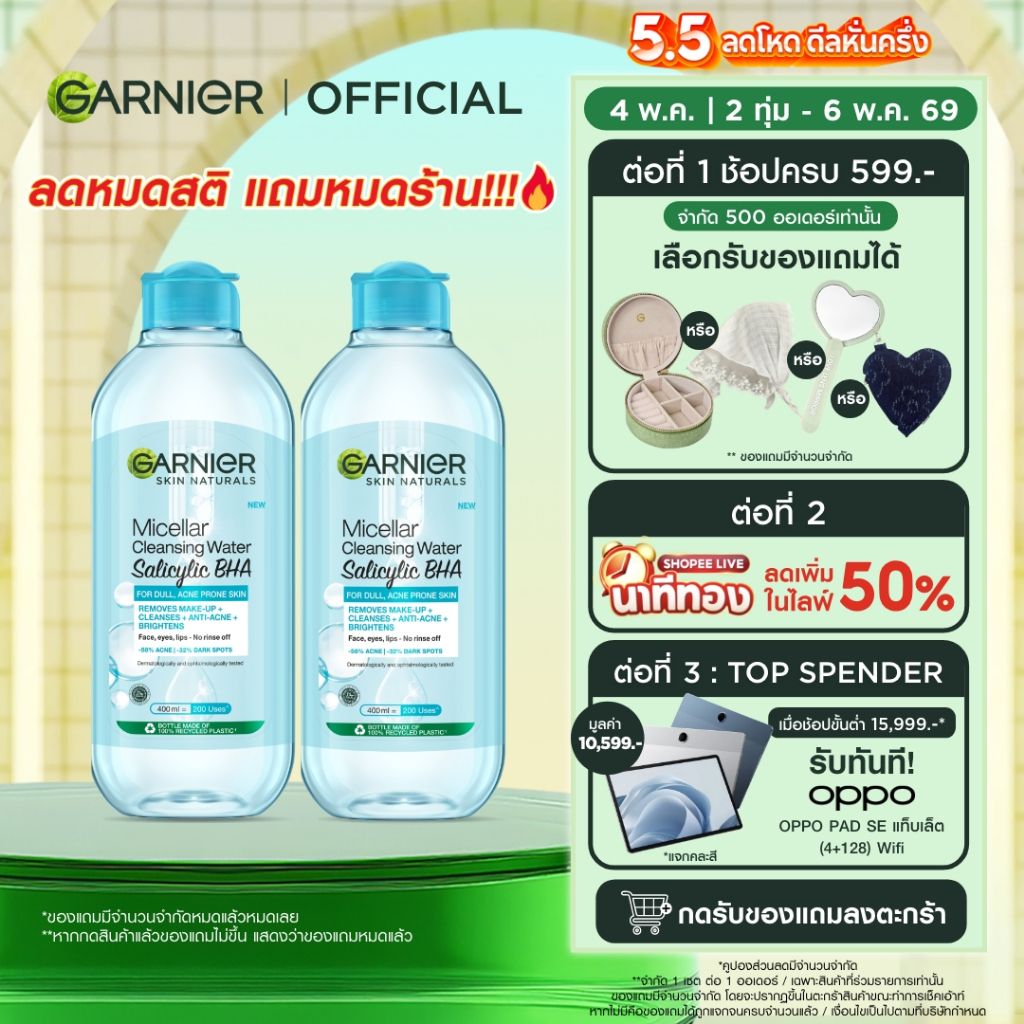 [แพ็คคู่สุดคุ้ม] การ์นิเย่ ไมเซล่า คลีนซิ่ง วอเตอร์ ซาลิไซลิค บีเอชเอ Blue 400มล. GARNIER MICELLAR CLEANSING WATER SALIC