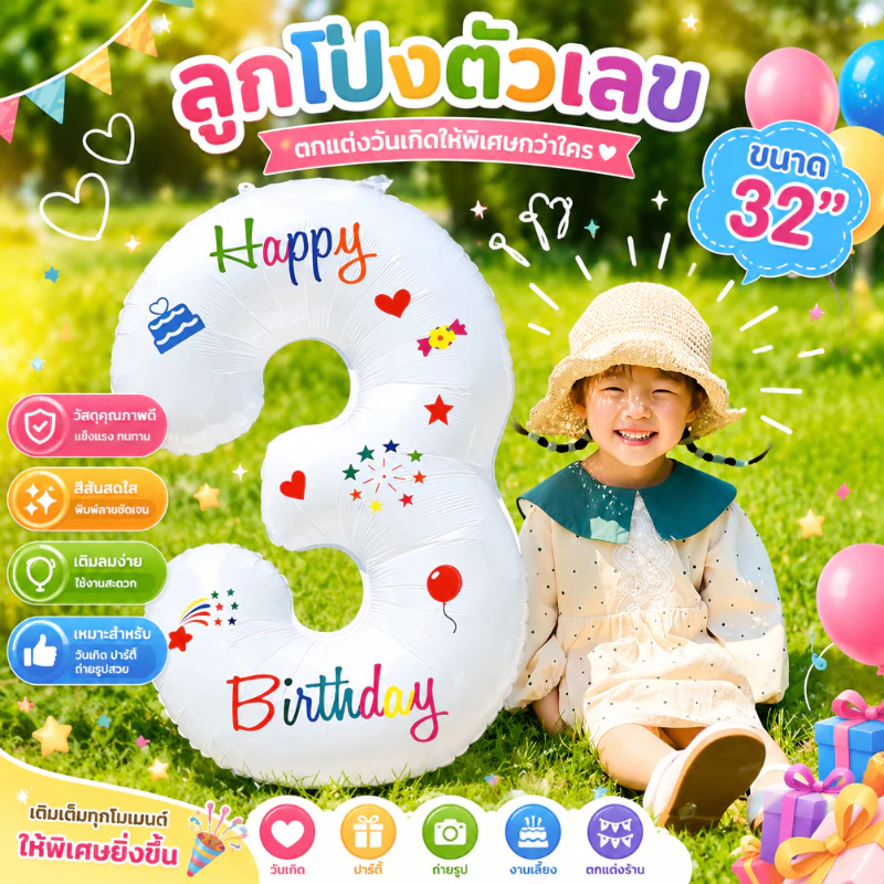 (ร้านไทย)ลูกโป่งฟอยล์ตัวเลขขนาด32นิ้ว สีขาว ลายHBD เลขวันเกิด — ของมงคลหมวดเลขมงคล