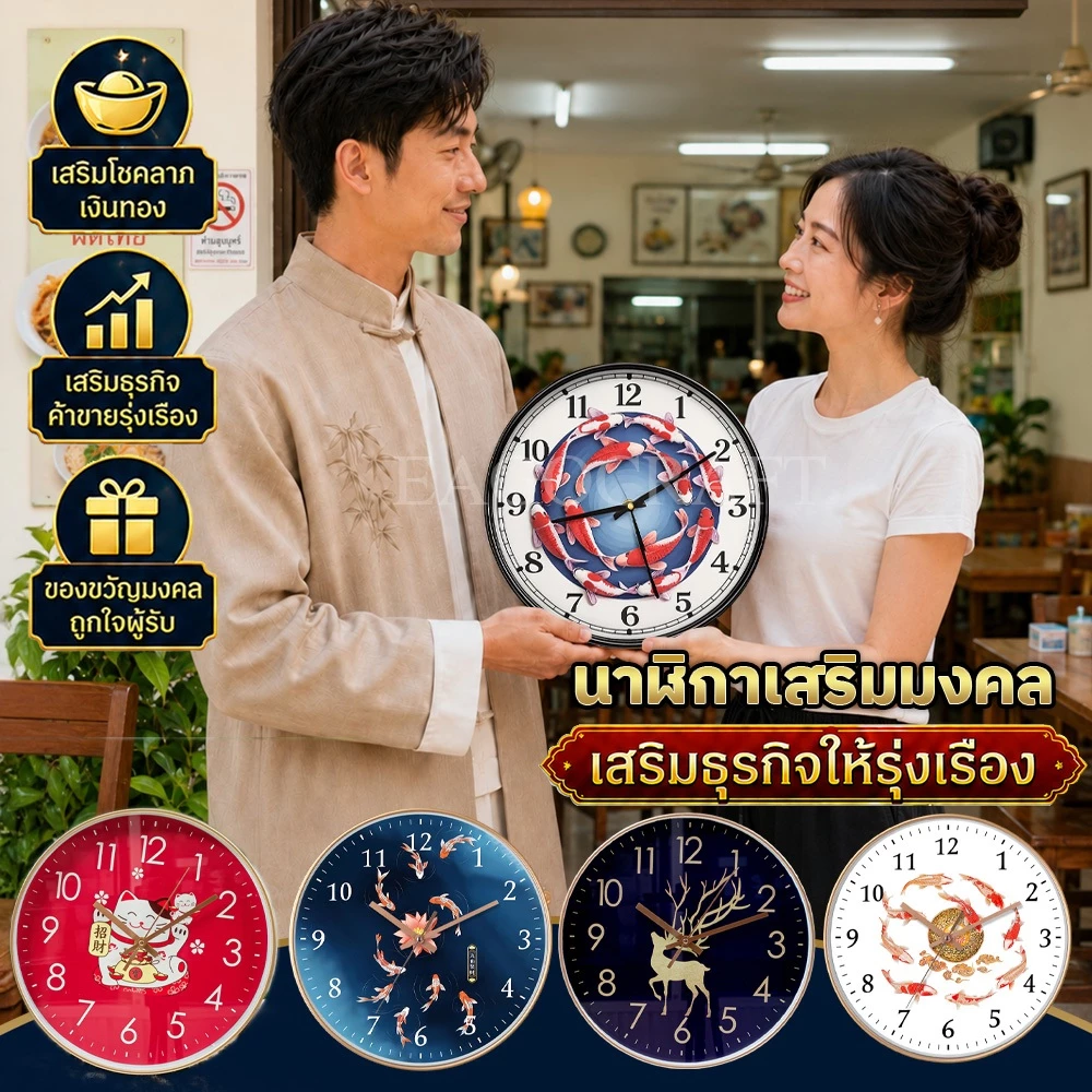 นาฬิกาแขวนผนัง ลายมงคล (10นิ้ว) ตัวเลขชัด ภาพกราฟิกสวยงาม มีกระจก ไร้เสียงรบกวน ตกแต่งห้องสวย — ของมงคลหมวดเลขมงคล